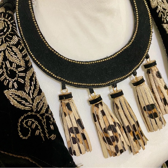 Chico's Accessories - Leopard Genuine Printed Leather Tribal Bib Festival Necklace Collar with Tassels
